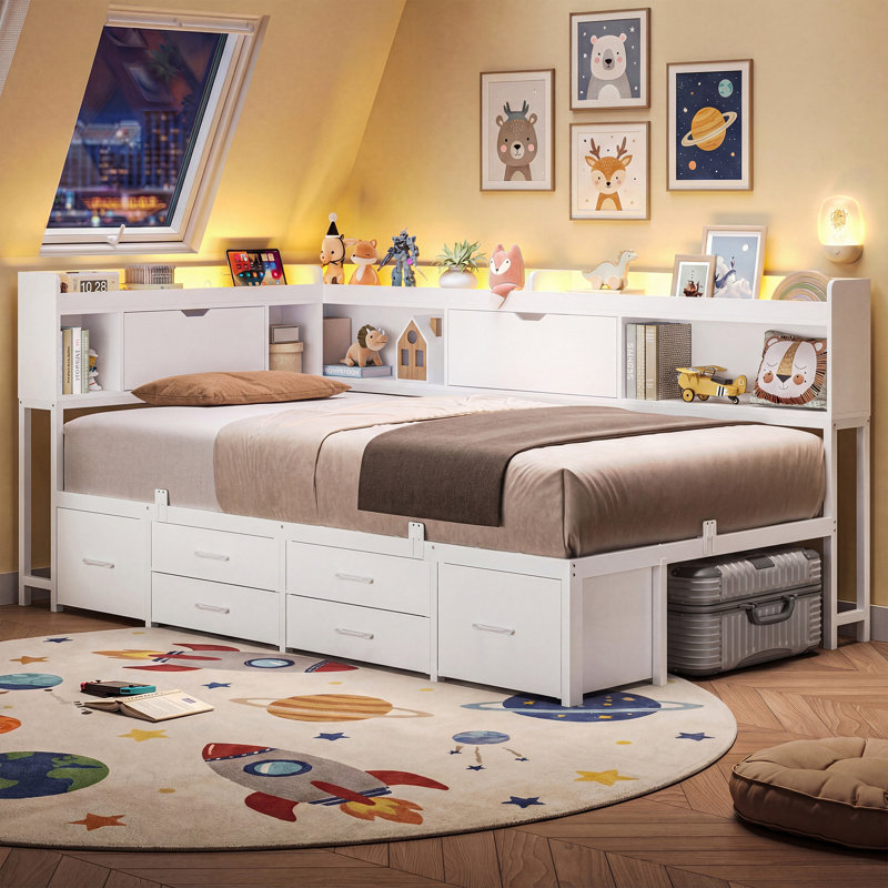 Corner Daybed Frame with 6 Drawers and Storage Bookcase Daybed with Charging Station and LED Lights, White, Twin