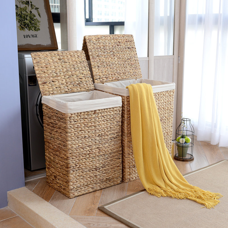 DTX Intl Handmade Wicker Laundry Hampers - Set of 2 Water Hyacinth Storage Baskets with Integrated Handles, Removable Liners, and Lids