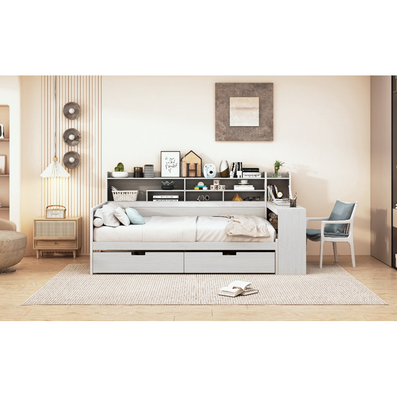Lit de jour en bois avec tablettes de rangement, lit multifonctionnel, Complet/Double, Gris