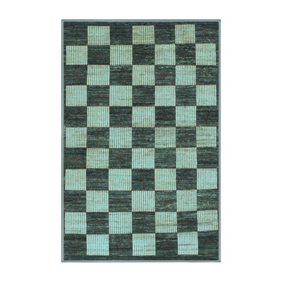 Tapis en laine / polyester à carreaux tissé à la machine en bleu / vert