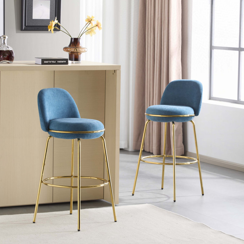 Tabouret de bar rembourré en métal, structure à finition dorée, Bleu