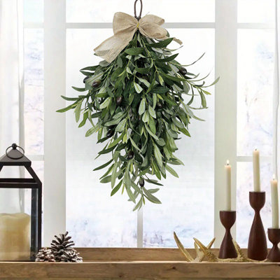 Spring Summer Farmhouse Style Artificial Olive Leaf Wreath, 60Cm/23.62In Teardrop Seasonal Welcome Garland With Burlap Bow For Outdoor Garden Yard Wall Hanging Decorative Swags