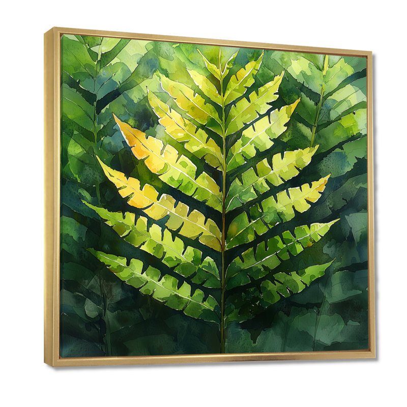«Fern Collage Of The Forest II - Ferns», art mural sur toile, Impression encadrée flottante, H 30 po x l 30 po, Doré