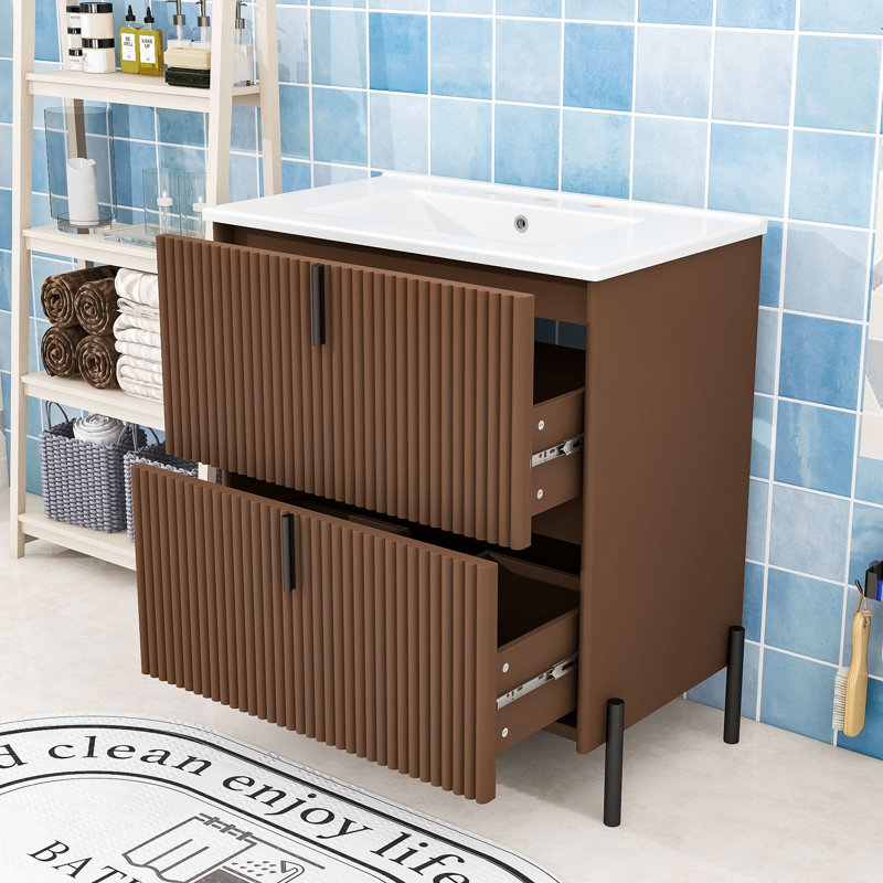 Meuble-lavabo Ã©lÃ©gant avec design cannelÃ© et lavabo, Marron foncé