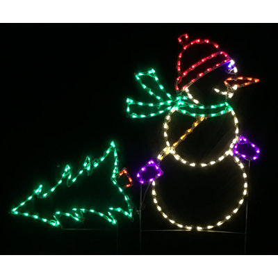 Snowman Pulling Christmas Tree Holiday Lighted Display