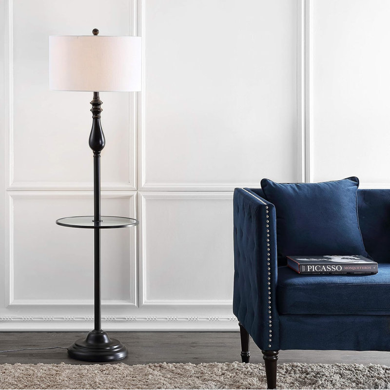 60" Led Floor Lamp With Glass Side Table, Traditional Transitional Design For Bedroom, Living Room, Office, Reading