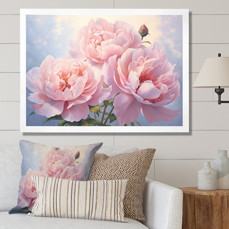 Pivoine rose II - art mural floral, H 24 po x l 32 po x P 1 po, Cadre simple blanc