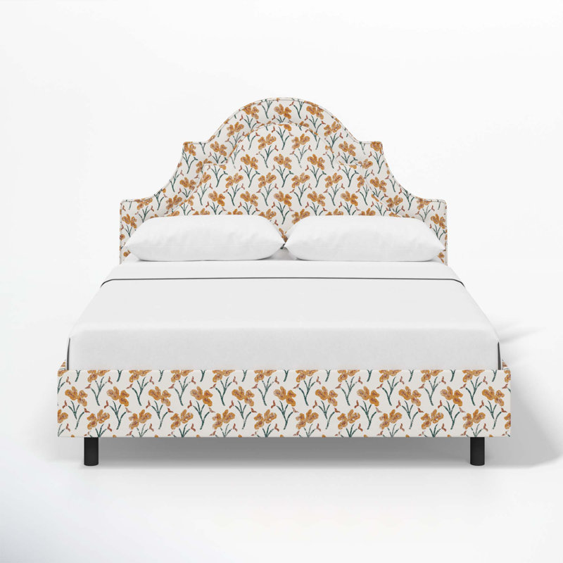Knipe Upholstered Scalloped Bed, Queen, Vanves Floral Ochre Teal
