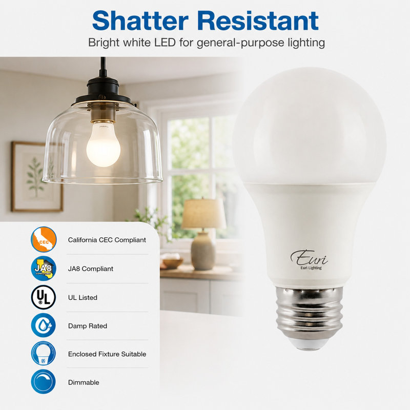 Ampoules DEL Euri Lighting A19, 5 W, 450 lm, équivalent 40 W, 4 000 K, culot E26, dimmables, homologuées CEC/JA8 et UL, ensemble de 2
