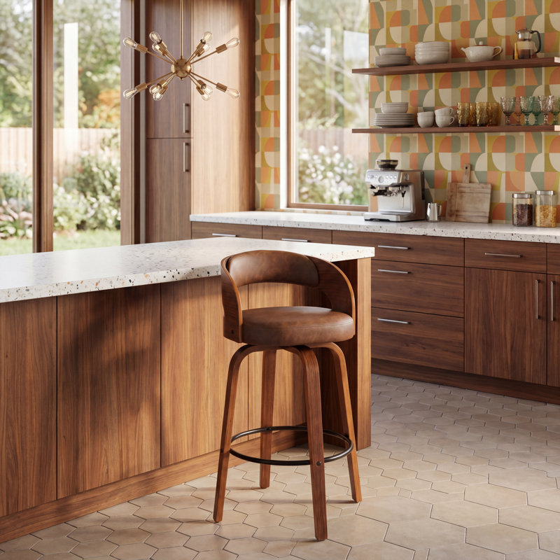 Tabouret de comptoir pivotant moderne de 26 po avec cadre en bois cintré, Brun