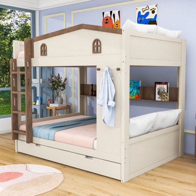 Wood Bunk Bed with Trundle and Built-In Shelves