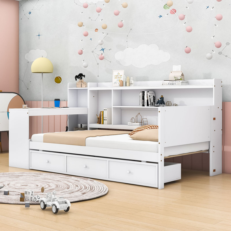 Wooden Daybed with 3 Drawers and Shelves and Built-in-Desk, Twin, White