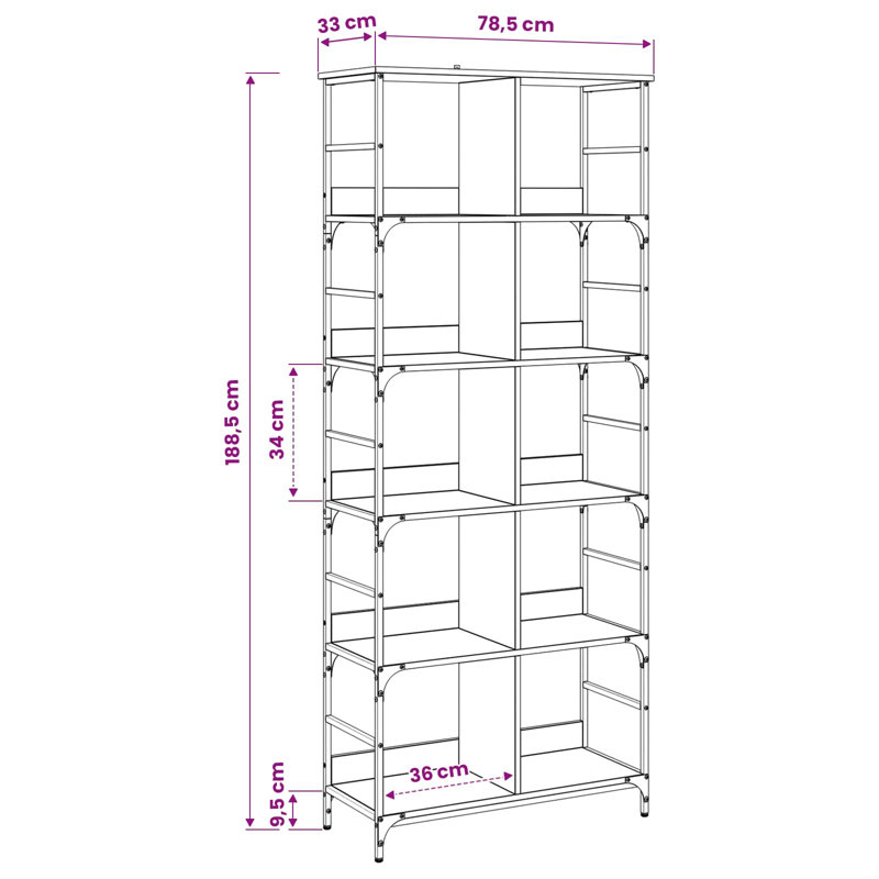 78.5 cm W Standard Bookcase, 188.5 cm H x 78.5 cm W x 33 cm D x, Black Oak