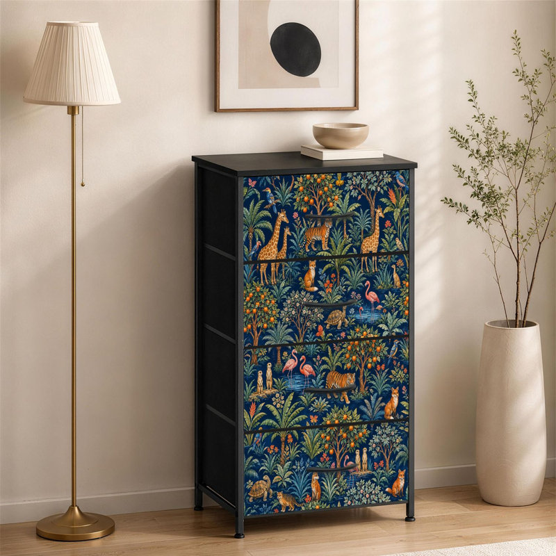 Commode à 4 tiroirs pour la chambre à coucher Exotique Jungle Faune, arbres orange, petite chinoiserie, grande commode à vêtements pour commode avec commode
