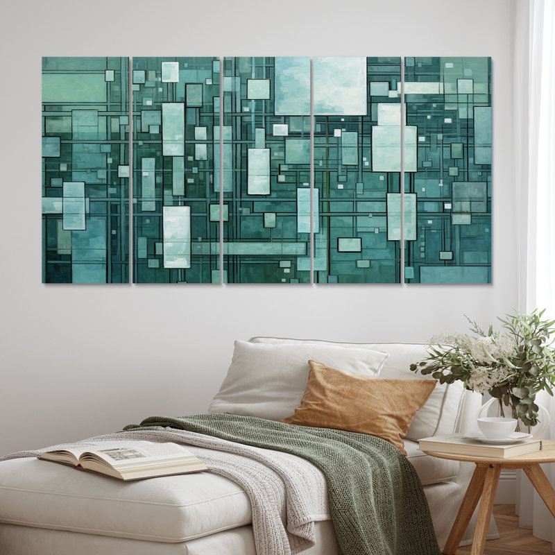 Rétro géométrie en émeraude délavée I - art mural abstrait salon - 5 panneaux égaux