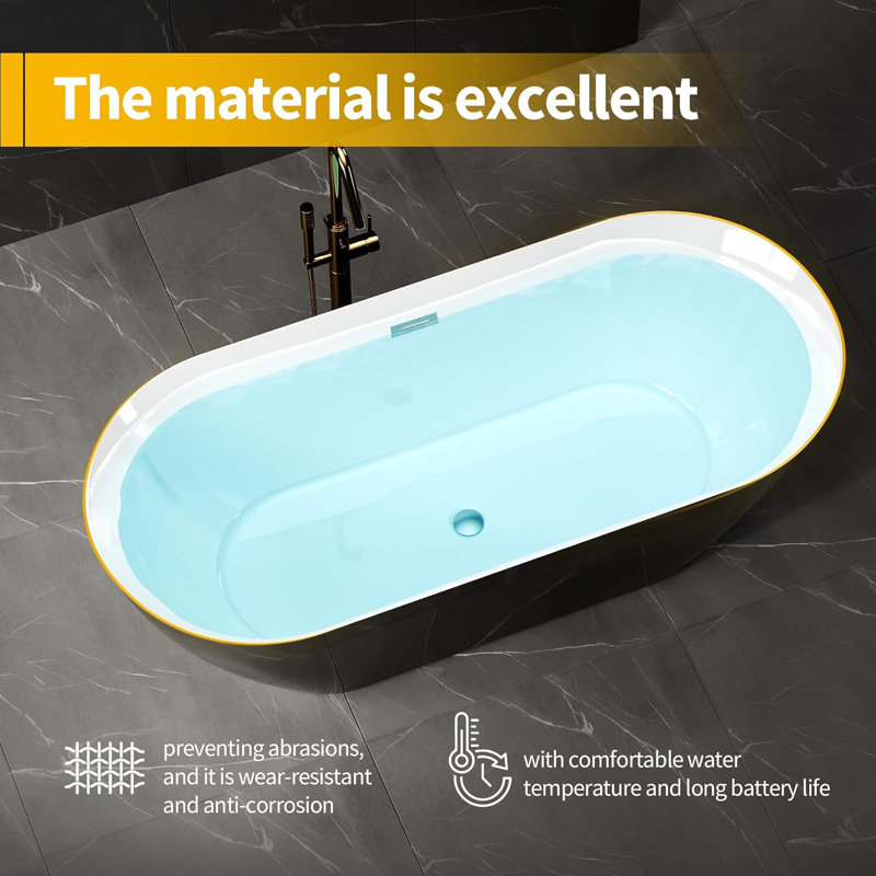 Baignoire profonde de 59 po, baignoire en acrylique antidérapante avec bonde chromée, certifiée cUPC, baignoire ergonomique moderne pour salle de bain, facile à installer, symétrique noire