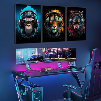 3Pce Gaming Colorful Graffiti Animals Wall Art With Sunglasses Gorilla Lion Wolf Bedroom Posters Prints Gamer Gaming Painting Headphones Music Game Canvas Teenager Room Kids Decor Framed