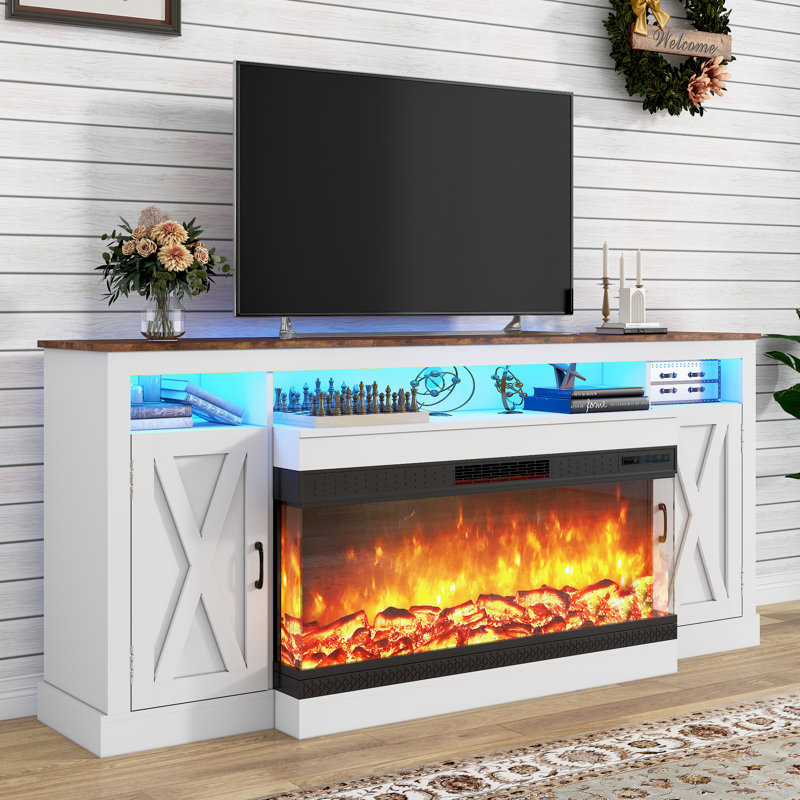 74" Farmhouse TV Stand with 40'' 3-Sided Glass Fireplace for TVs up to 85" for Living Room, White