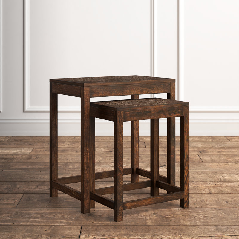 Casalee Solid Mango Wood 2-Piece Nesting Table Set with Carved Tabletops, Brown, Brown