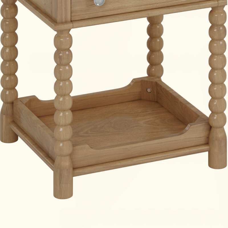 Table de chevet de style rétro avec tiroir et tablette ouverte pour la chambre à coucher, table de chevet avec pieds tournés et poignée en métal, naturel