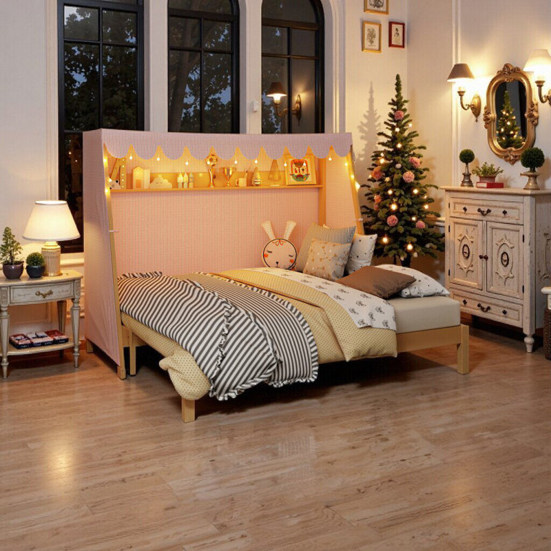 Lit simple AVELOR XL avec lit gigogne, tablette, tente et veilleuse, lit pour enfant peu encombrant, Naturel