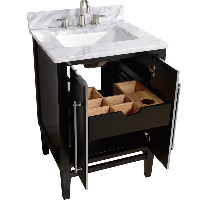 Swihart 25'' Single Bathroom Vanity with Marble Top, Black/Gold, Brushed Silver, Carrara White