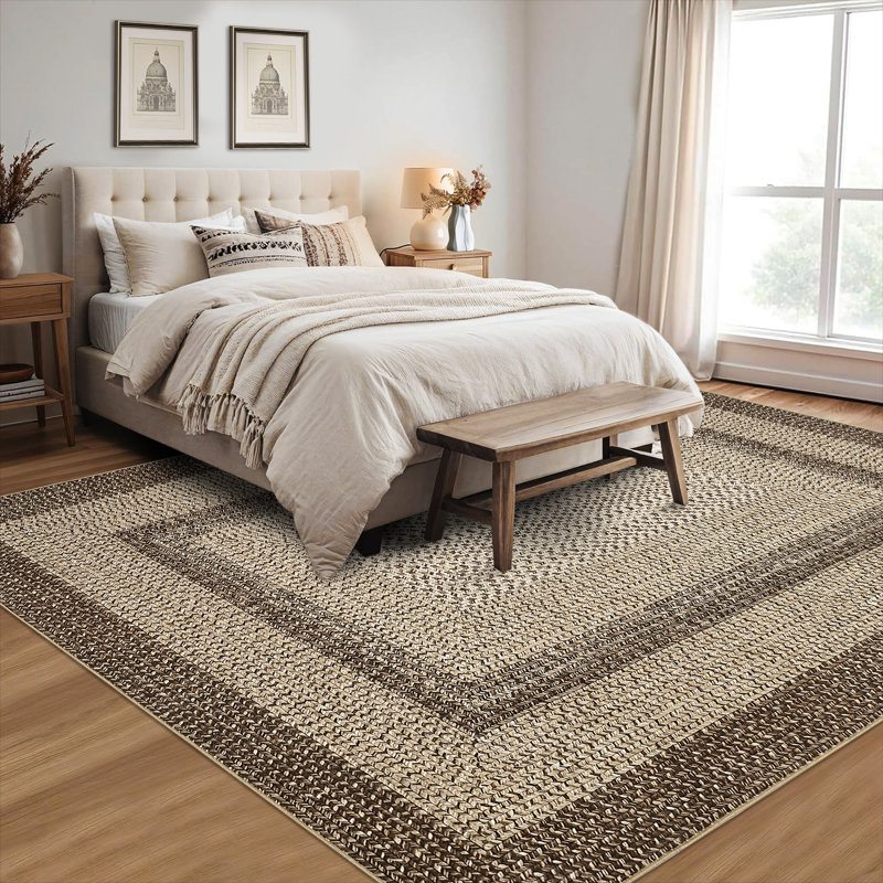 Machine Washable Non-Slip Non-Shedding Area Rugs for Living Room, Farmhouse Printed Braided Bordered Carpet, Stain Resistant Thin Foldable Floor Cover for Nursery Dining Room