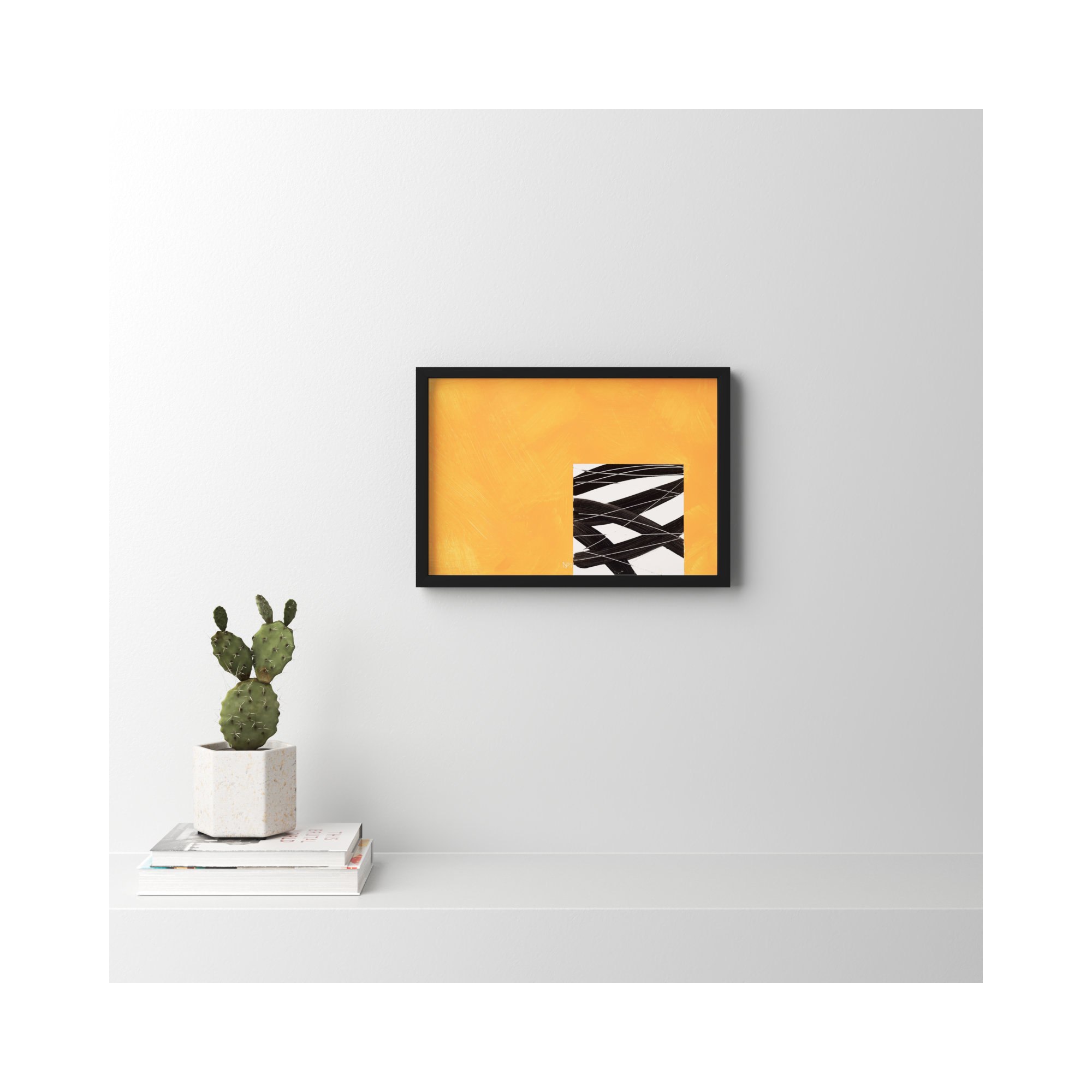 Composition With Yellow 2 by Robert Kamnatnik, 14" H x 20" W x 1.25" D, Black Framed Paper
