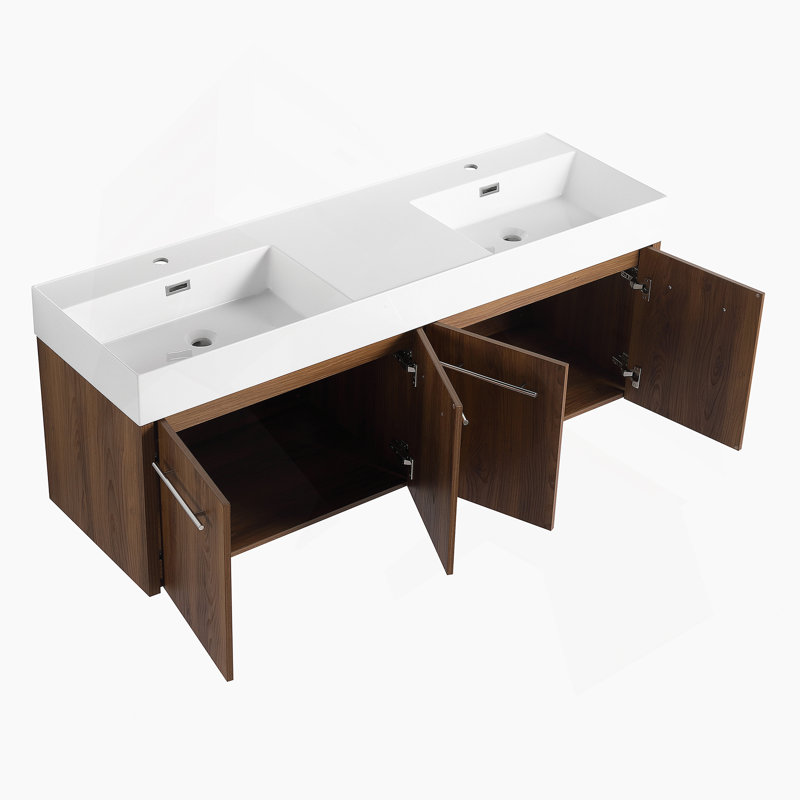 Meuble-lavabo mural avec lavabo double en résine, charnières de porte à fermeture douce, matériau durable, idéal pour plusieurs utilisateurs et facile d'entretien.