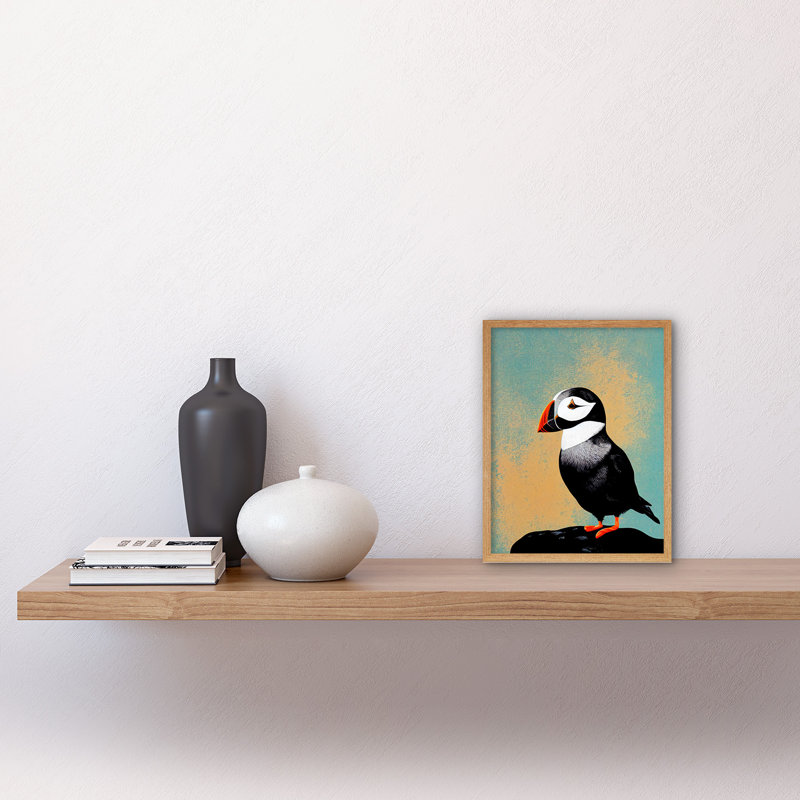 Cute Puffin Bird Rock Modern Illustration - Rectangle Print, Light Brown Framed Unframed, 25.9cm H x 20.6cm W x 1.5cm D