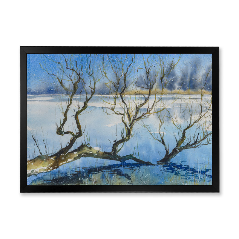 Arbre dans un lac d'hiver - reproduction d'art sur toile, H 8 po x l 12 po x P 1 po, Cadre noir