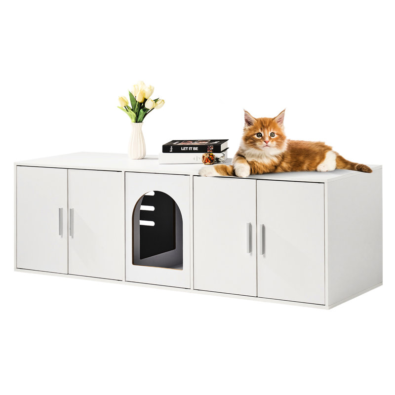 Enceinte de litière blanche en bois pour chat de 57,9 po avec porte à aspiration magnétique, espace pour animaux de compagnie confortable, chargement intensif et apparence de boîte de carton pré-percée, capacité de charge élevée, finition résistante à l'usure