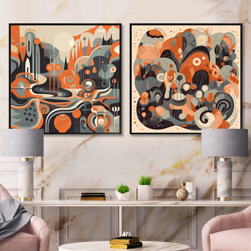 Evolving Abstractions - Ensemble de 2 collages carrés modernes Mid-Century, Cadre flottant noir, H 16 po x l 33 po