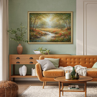 Art mural encadré 26 po x 36 po Sunlit Forest Stream Meadow Landscape Nature for Living Room