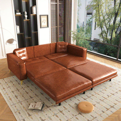 92.1"King Size Pull Out Sofa Bed,3-In-1 Faux Leather Convertible Sleeper Sofa With Ultra Wide Armrests,Tufted Modern Sofa,4-Seater Couch With 2 Pillows