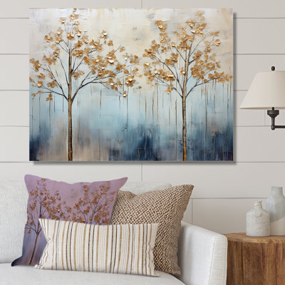 Minimalisme, scène d'arbres dorés et bleus VI sur toile