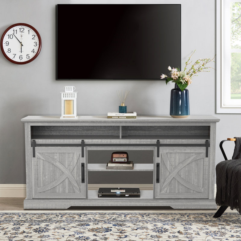Oddvin 68" W Farmhouse TV Stand with Sliding Barn Doors , Light Gray