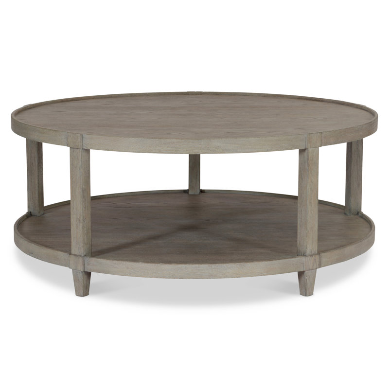 Transitional Cerused Oak Round Coffee Table with Storage in Pewter Gray