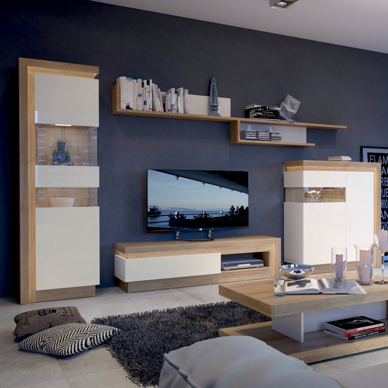 Glyndon Unfinished TV Stand for TVs up to 58", Riviera Oak/White High Gloss