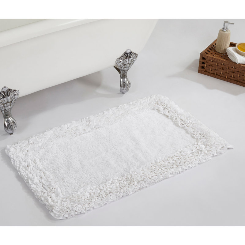 Aveliss 100% Cotton Tufted Bath Rug, Ultra Soft & Absorbent, Spray Latex Backing, Luxurious Ruffle Border, 21" x 34" Rectangle, White
