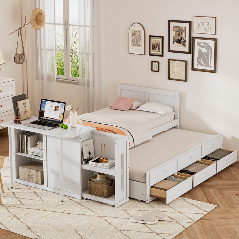 Lit plateforme simple en bois avec bureau et tablette de rangement, lit gigogne intégré et rangement, Blanc