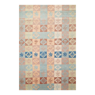 Tapis bleu / beige en laine noué à la main de conception unique 6 pi x 9 pi Tayyibah