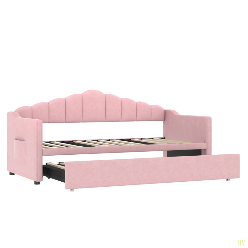 Upholstered Twin Size Daybed With Adjustable Height Pop Up Trundle Twin Bed And USB & Type-C Charging Port, Day Bed Frame With 2 Side Pockets, No Box-Spring Needed