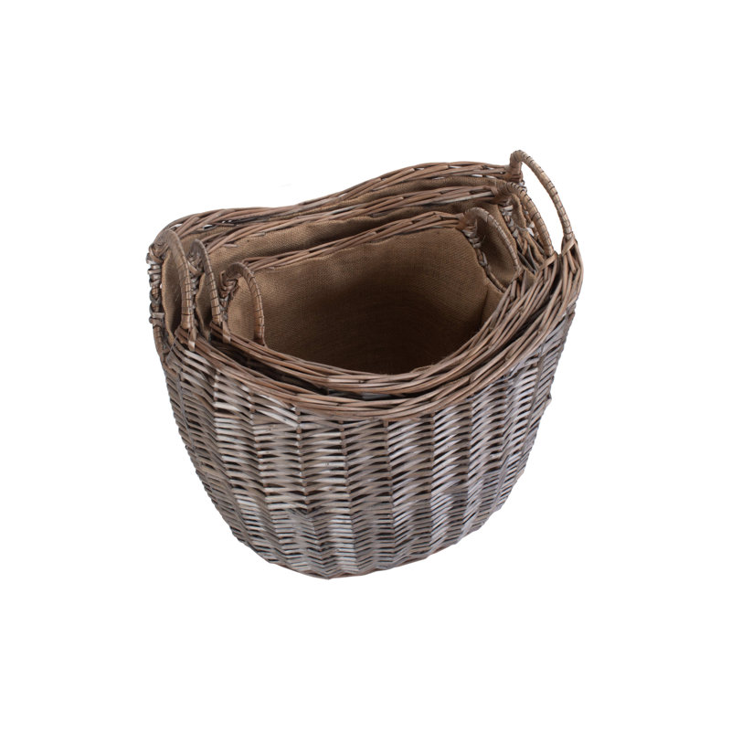 Wicker Scoop Neck Hessian Lined 3 Piece Storage Basket Set