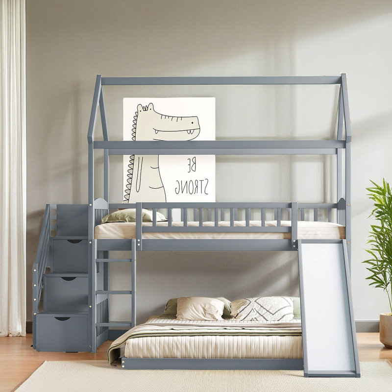 Lit superposé double au-dessus de simple avec glissade, lit maison avec glissade, Gris