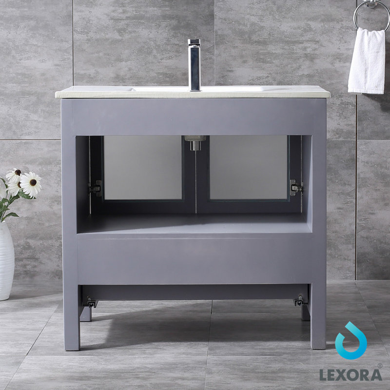 Volez 36 in W x 18.25 in D Single Bath Vanity, White Ceramic Top, 34 in Mirror and Chrome Faucet Set, Dark Grey