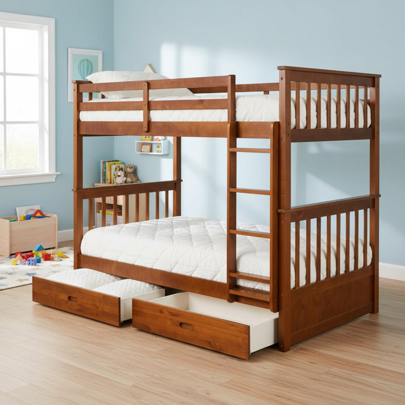 Lit superposé simple au-dessus de simple en bois massif avec échelles et 2 tiroirs de rangement pour garçons et filles, Noyer