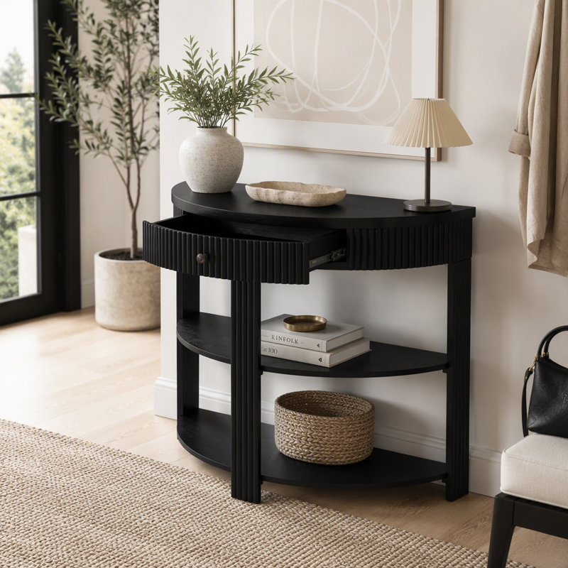 Console cannelée demi-lune avec tiroir et tablettes, Black