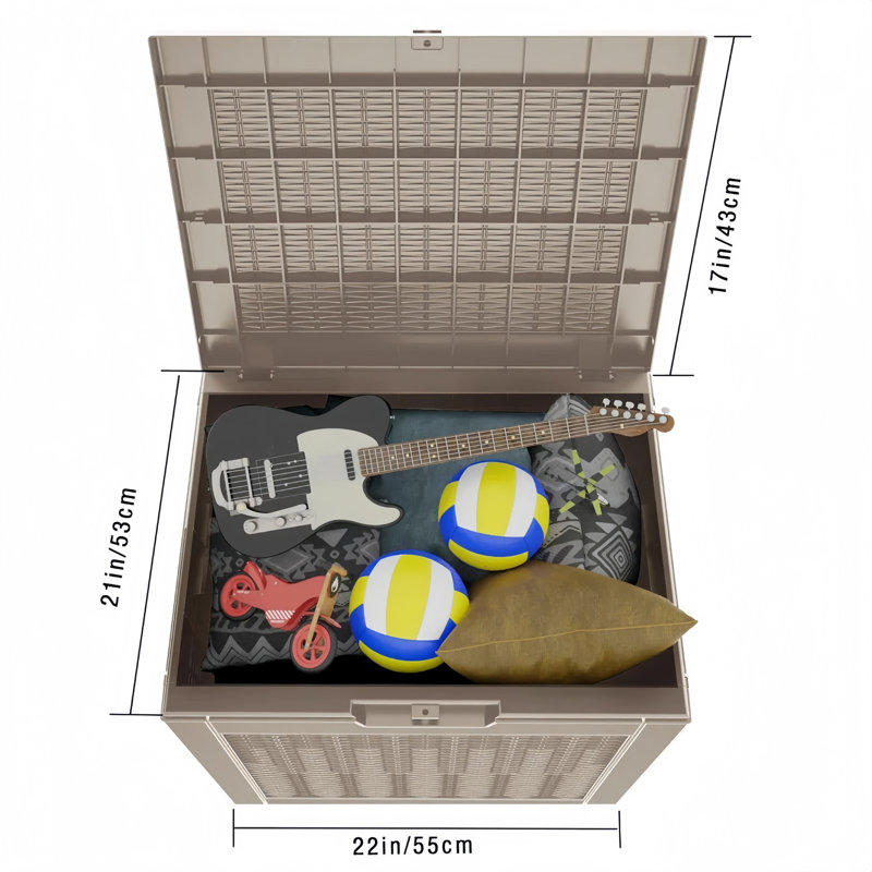 100 Gallon Rattan-style Lockable Deck Box, Water Resistant Resin, Light Coffee, 20.87" H x 17.09" W x 22.09" D