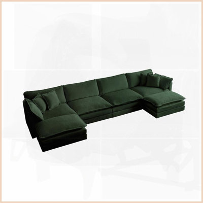 Modern Green Chenille U-Shape Modular Sectional Sofa with Reversible Chaise &amp; Double Ottomans, Solid Wood Frame for Living Room